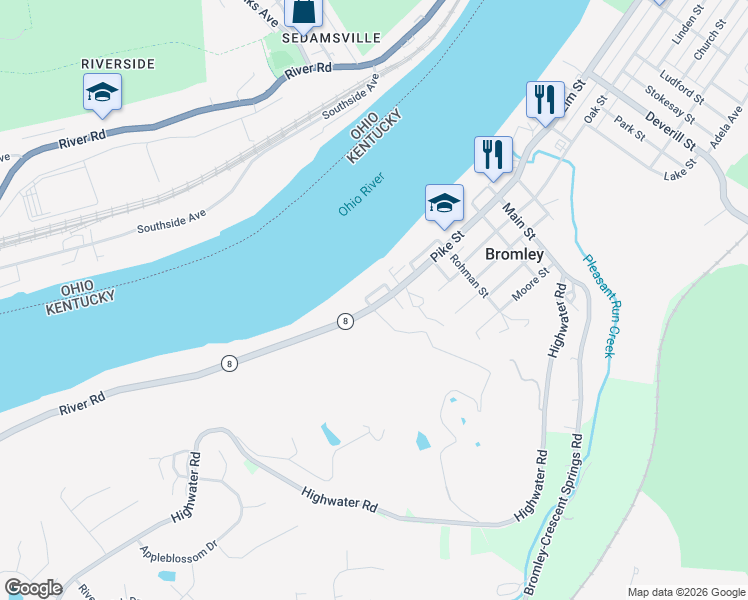 map of restaurants, bars, coffee shops, grocery stores, and more near 404 River Road in Bromley