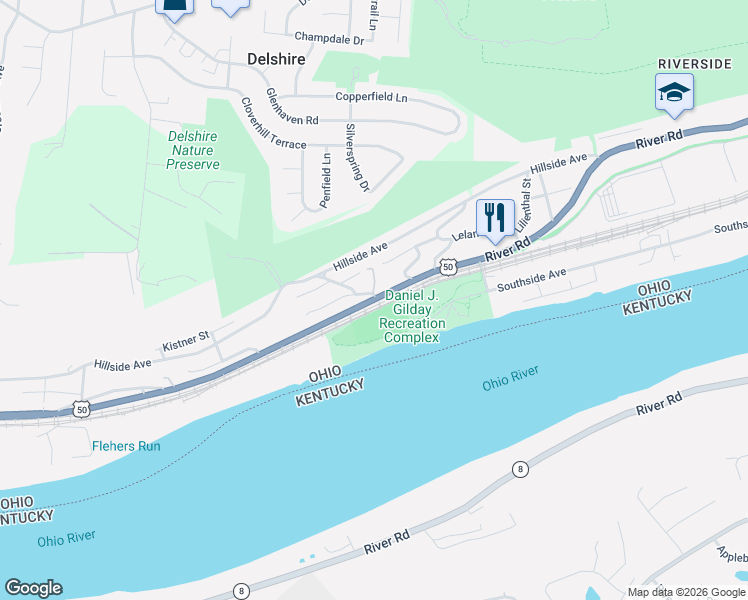 map of restaurants, bars, coffee shops, grocery stores, and more near 3603 River Road in Cincinnati