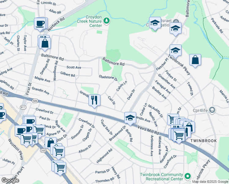map of restaurants, bars, coffee shops, grocery stores, and more near 400 Calvin Lane in Rockville