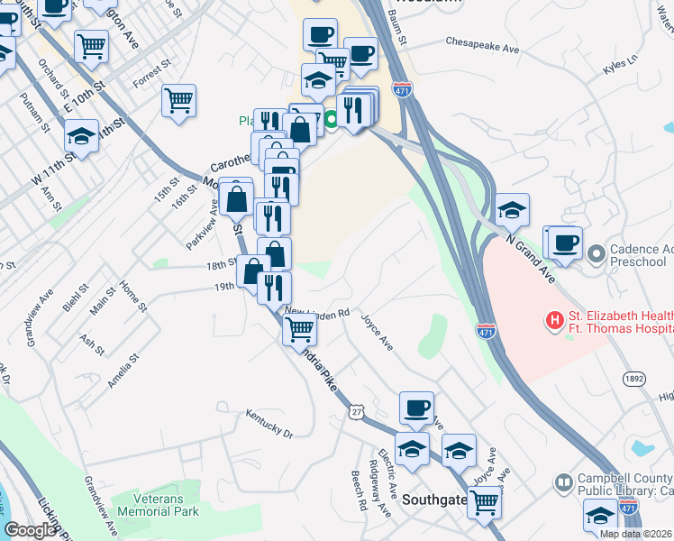 map of restaurants, bars, coffee shops, grocery stores, and more near 9 East Ridge Place in Newport