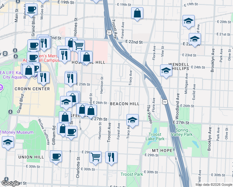 map of restaurants, bars, coffee shops, grocery stores, and more near 2501 Troost Avenue in Kansas City
