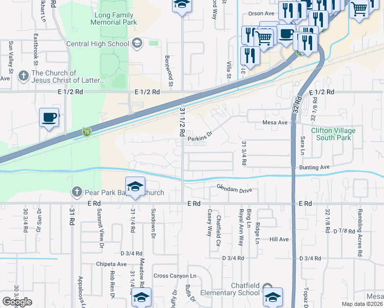map of restaurants, bars, coffee shops, grocery stores, and more near 3147-3155 Perkins Drive in Grand Junction
