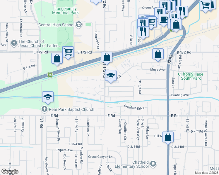 map of restaurants, bars, coffee shops, grocery stores, and more near 3147-3155 Perkins Drive in Grand Junction
