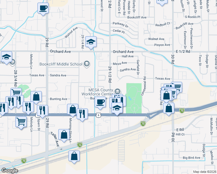 map of restaurants, bars, coffee shops, grocery stores, and more near 528 29 1/2 Road in Grand Junction