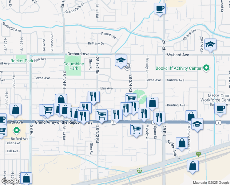 map of restaurants, bars, coffee shops, grocery stores, and more near 2860 Elm Avenue in Grand Junction