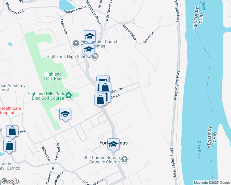 map of restaurants, bars, coffee shops, grocery stores, and more near 41 Lumley Avenue in Fort Thomas
