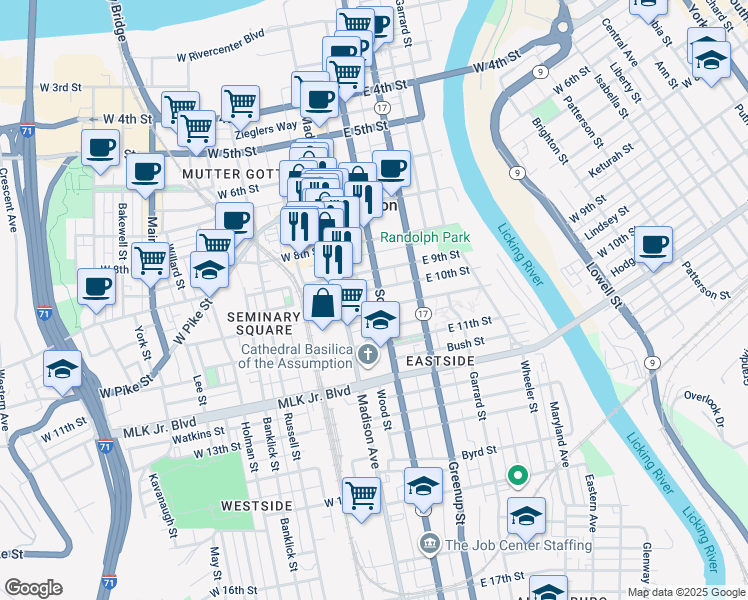 map of restaurants, bars, coffee shops, grocery stores, and more near 16 East 10th Street in Covington