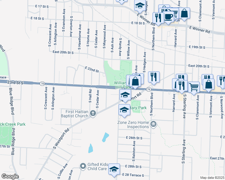 map of restaurants, bars, coffee shops, grocery stores, and more near 10205 East 23rd Street South in Independence