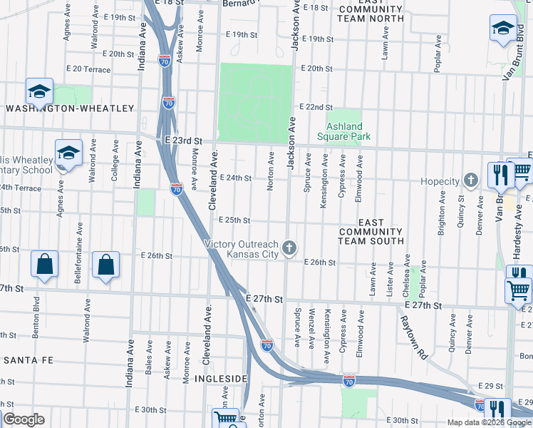 map of restaurants, bars, coffee shops, grocery stores, and more near 2431 Norton Avenue in Kansas City