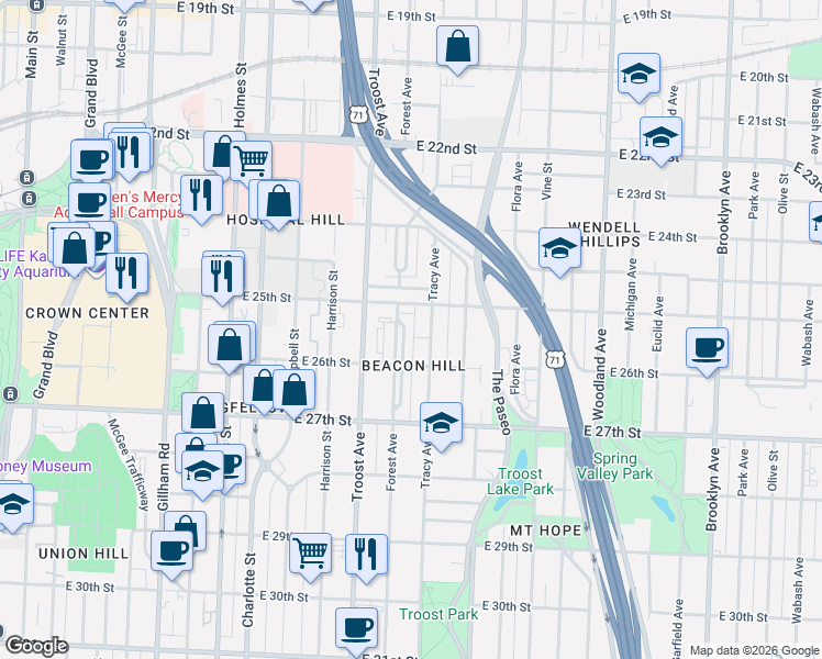 map of restaurants, bars, coffee shops, grocery stores, and more near 1209 East 25th Street in Kansas City
