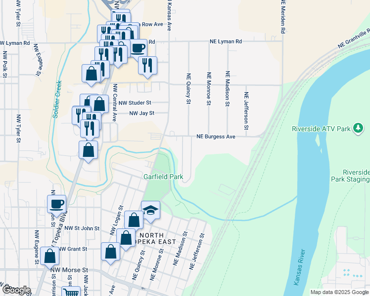 map of restaurants, bars, coffee shops, grocery stores, and more near 1896 Northeast Burgess Court in Topeka