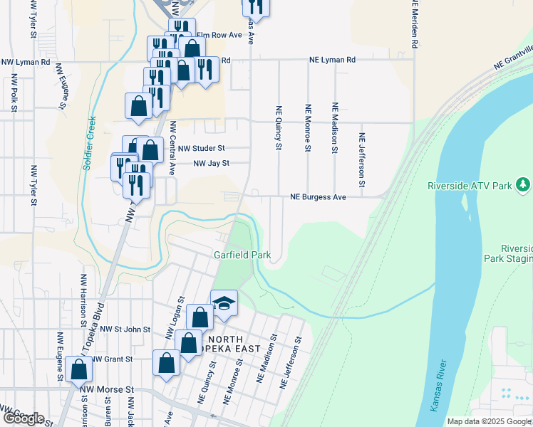 map of restaurants, bars, coffee shops, grocery stores, and more near 109 Northeast Burgess Street in Topeka