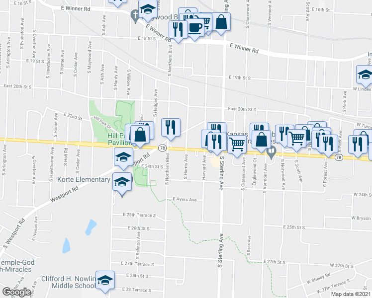map of restaurants, bars, coffee shops, grocery stores, and more near East 23rd St S & S Harris Ave in Independence