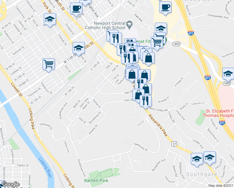 map of restaurants, bars, coffee shops, grocery stores, and more near 43 18th Street in Newport