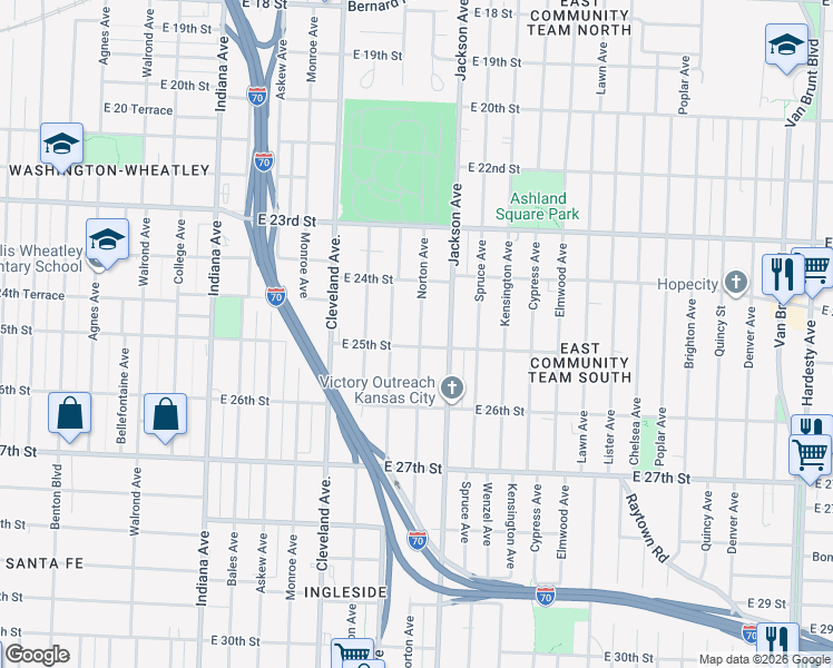 map of restaurants, bars, coffee shops, grocery stores, and more near 2431 Norton Avenue in Kansas City