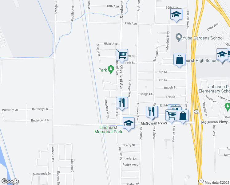 map of restaurants, bars, coffee shops, grocery stores, and more near 1770 Brianna Avenue in Olivehurst
