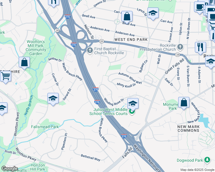 map of restaurants, bars, coffee shops, grocery stores, and more near 468 Winding Rose Drive in Rockville