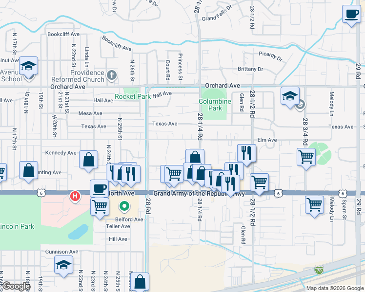 map of restaurants, bars, coffee shops, grocery stores, and more near 523 Eastgate Court in Grand Junction