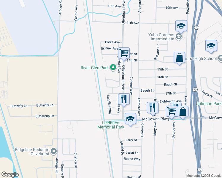 map of restaurants, bars, coffee shops, grocery stores, and more near 1746 Brianna Avenue in Olivehurst
