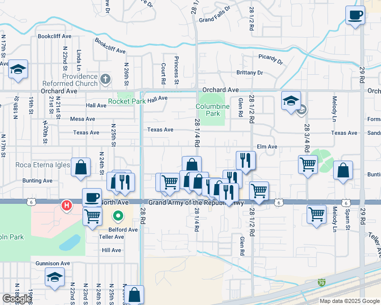 map of restaurants, bars, coffee shops, grocery stores, and more near 523 28 1/4 Road in Grand Junction