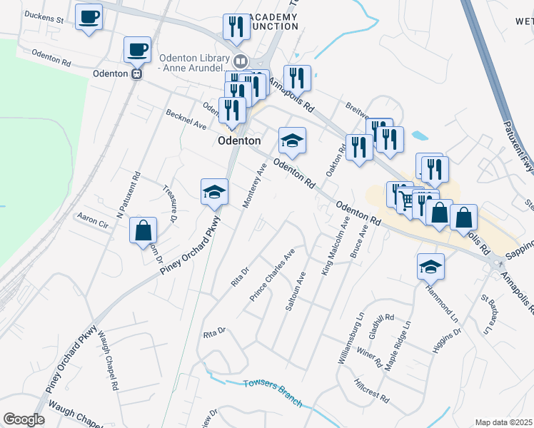 map of restaurants, bars, coffee shops, grocery stores, and more near 1283 Odenton Road in Odenton