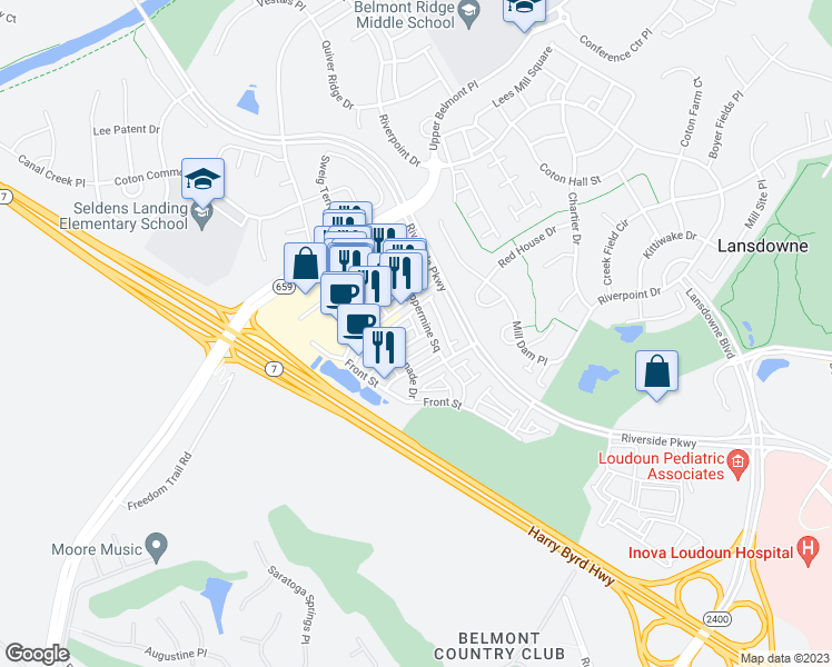 map of restaurants, bars, coffee shops, grocery stores, and more near 19327 Diamond Lake Drive in Leesburg