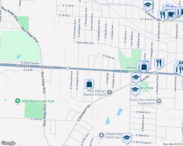 map of restaurants, bars, coffee shops, grocery stores, and more near 9807 East 23rd Street South in Independence