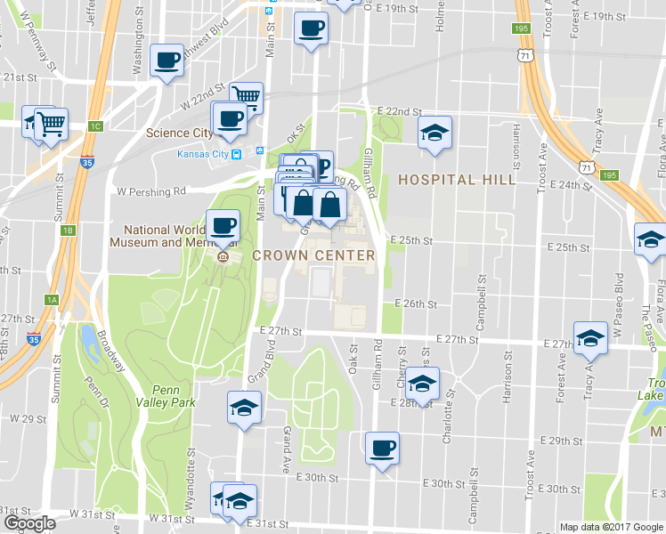 map of restaurants, bars, coffee shops, grocery stores, and more near 2500 Warwick Trafficway in Kansas City