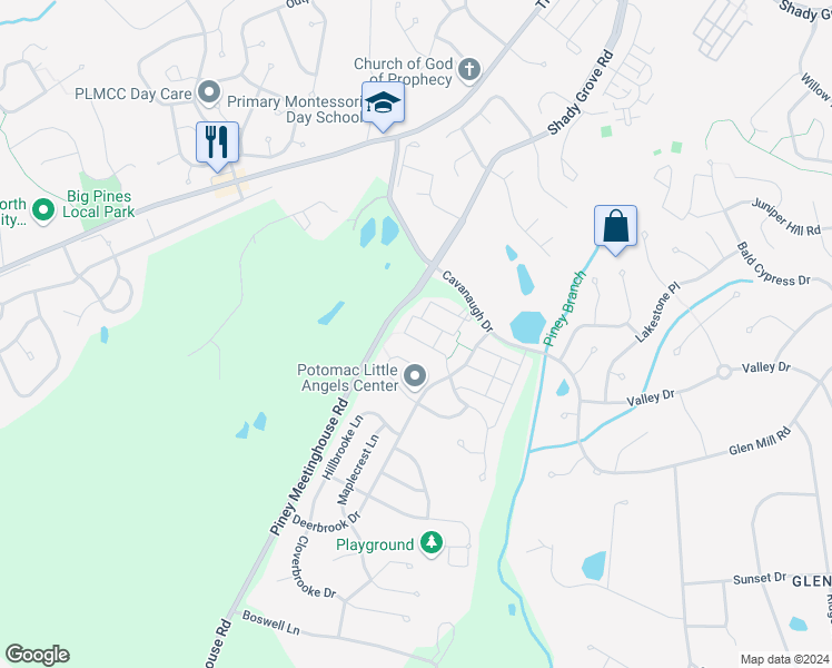 map of restaurants, bars, coffee shops, grocery stores, and more near 13537 Hayworth Drive in Potomac