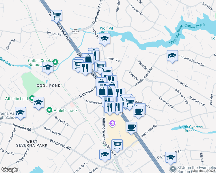 map of restaurants, bars, coffee shops, grocery stores, and more near 503 Ritchie Highway in Severna Park