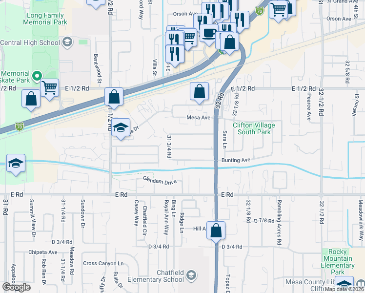 map of restaurants, bars, coffee shops, grocery stores, and more near 3187 Elm Avenue in Grand Junction