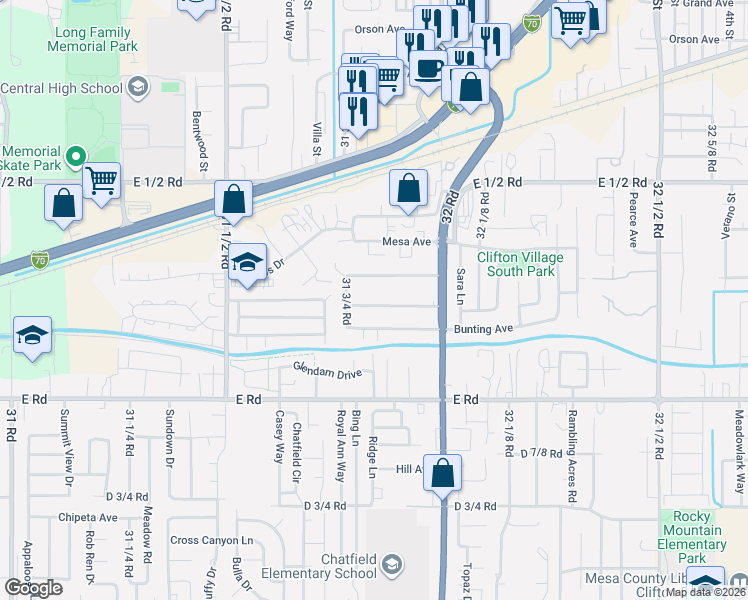 map of restaurants, bars, coffee shops, grocery stores, and more near 3187 Elm Avenue in Grand Junction