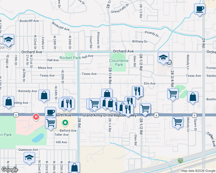 map of restaurants, bars, coffee shops, grocery stores, and more near 2824 Elm Avenue in Grand Junction