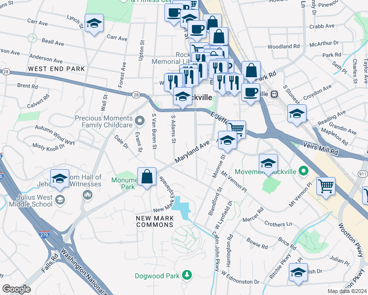 map of restaurants, bars, coffee shops, grocery stores, and more near 195 Leland Street in Rockville