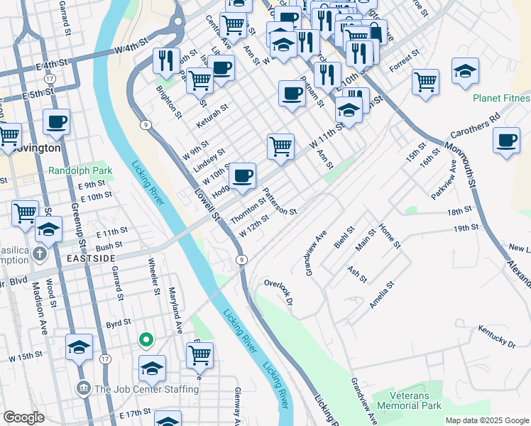 map of restaurants, bars, coffee shops, grocery stores, and more near 420 Thornton Street in Newport