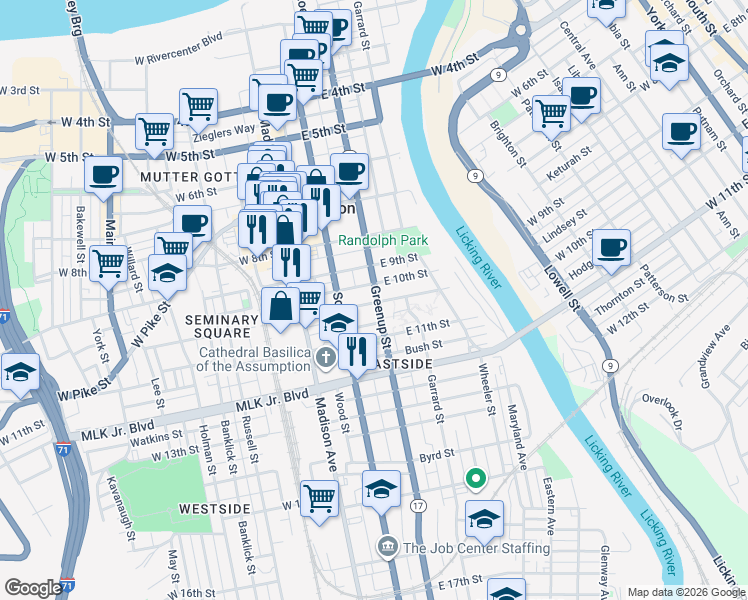 map of restaurants, bars, coffee shops, grocery stores, and more near 215 East 10th Street in Covington