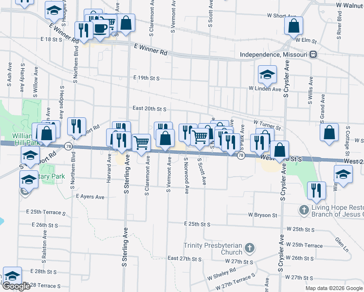 map of restaurants, bars, coffee shops, grocery stores, and more near 2128 South Norwood Avenue in Independence