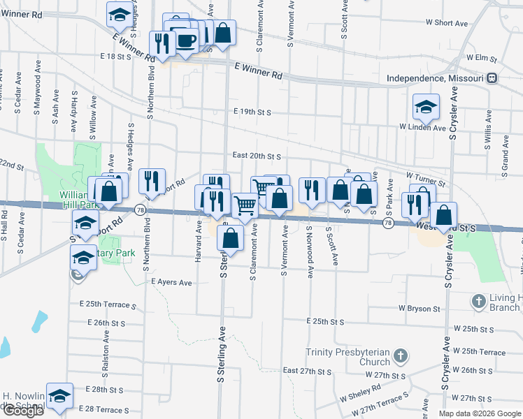 map of restaurants, bars, coffee shops, grocery stores, and more near 11239 East 22 Street South in Independence