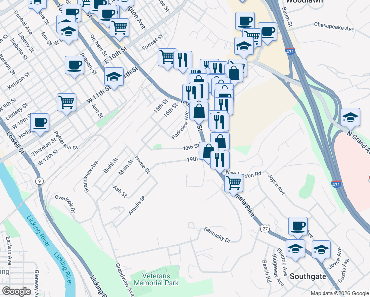 map of restaurants, bars, coffee shops, grocery stores, and more near 29 18th Street in Newport