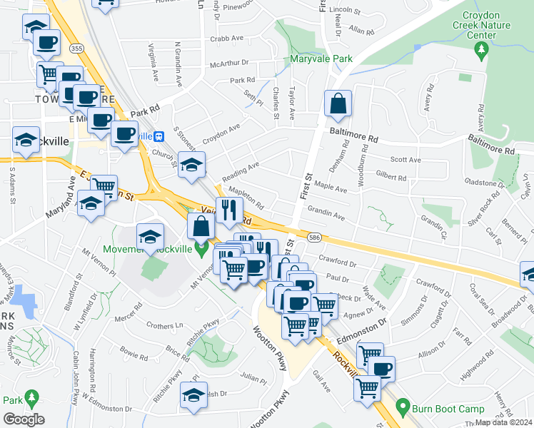 map of restaurants, bars, coffee shops, grocery stores, and more near 721 Mapleton Road in Rockville