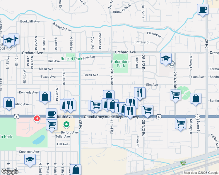 map of restaurants, bars, coffee shops, grocery stores, and more near 2824 Elm Avenue in Grand Junction