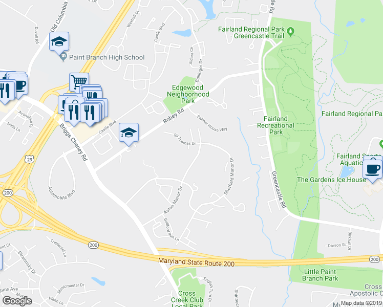 map of restaurants, bars, coffee shops, grocery stores, and more near 13611 Sir Thomas Way in Silver Spring