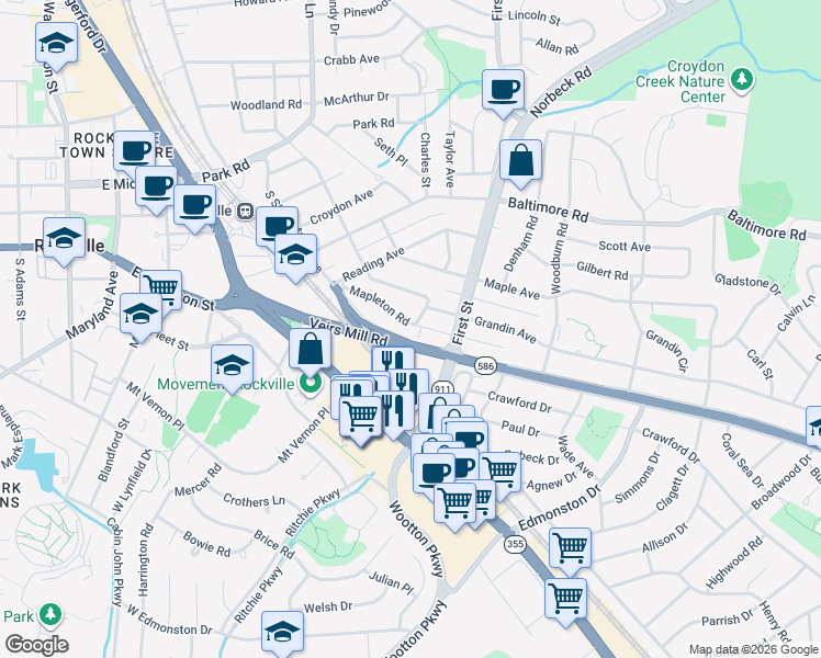 map of restaurants, bars, coffee shops, grocery stores, and more near 721 Mapleton Road in Rockville