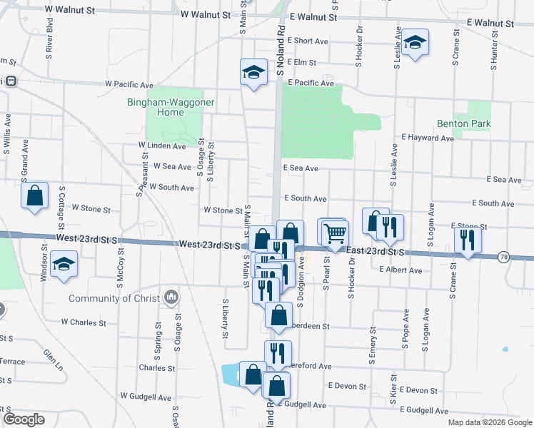 map of restaurants, bars, coffee shops, grocery stores, and more near 1006 South Noland Road in Independence