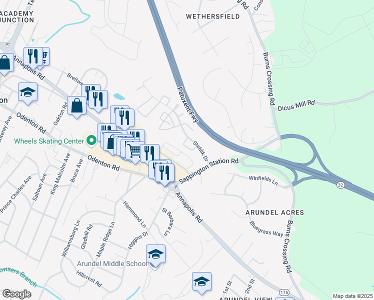 map of restaurants, bars, coffee shops, grocery stores, and more near 543 Tranquil Court in Odenton