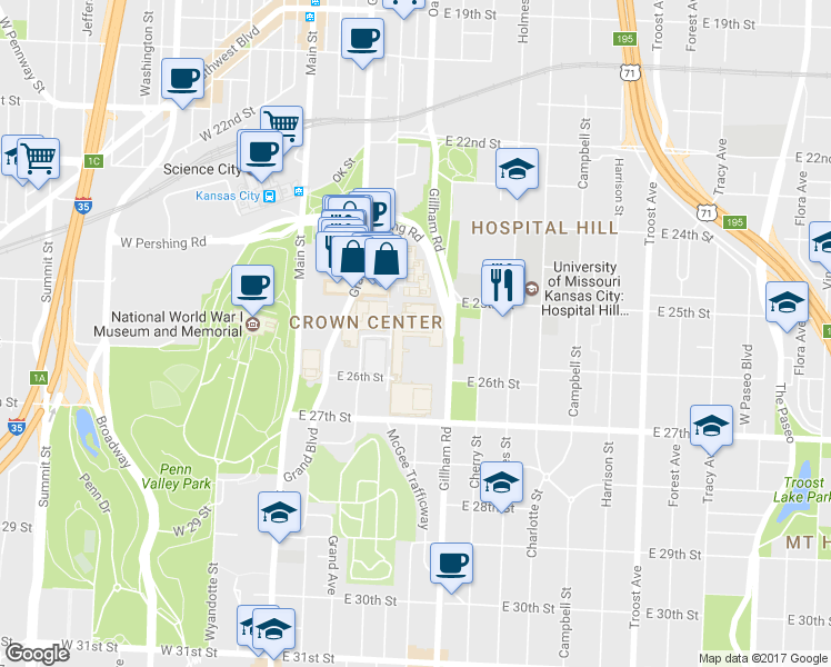 map of restaurants, bars, coffee shops, grocery stores, and more near 2505 Gillham Road in Kansas City
