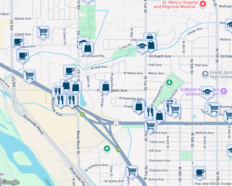 map of restaurants, bars, coffee shops, grocery stores, and more near 368 Independent Avenue in Grand Junction