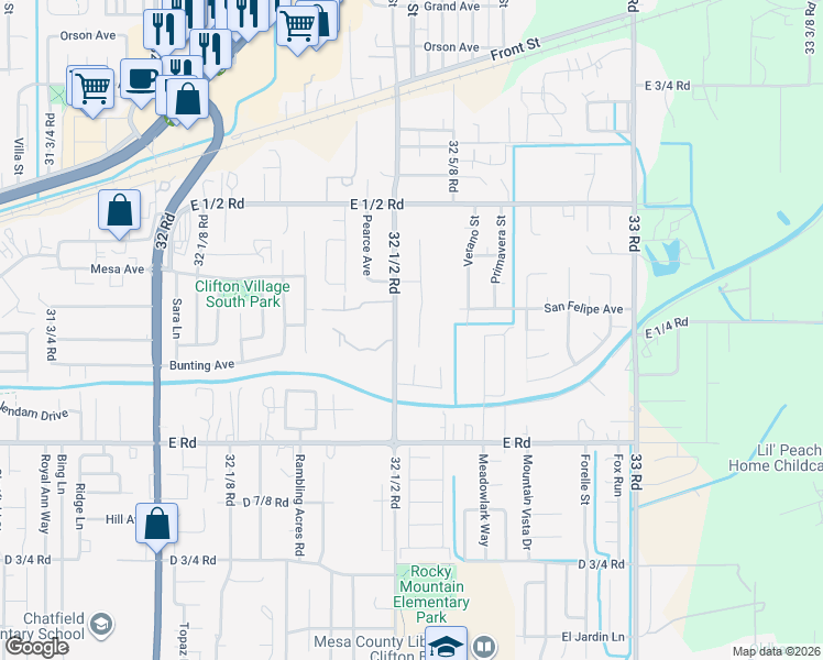 map of restaurants, bars, coffee shops, grocery stores, and more near 526 32 1/2 Road in Clifton