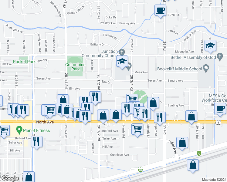 map of restaurants, bars, coffee shops, grocery stores, and more near 2860 Elm Avenue in Grand Junction