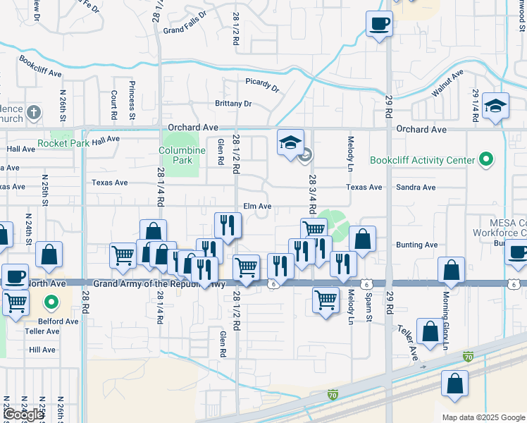 map of restaurants, bars, coffee shops, grocery stores, and more near 2856 Elm Avenue in Grand Junction
